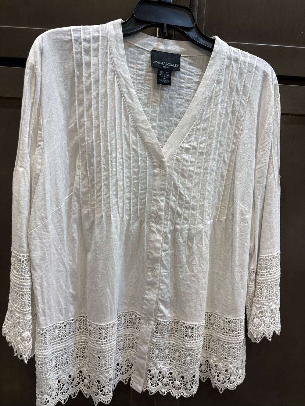 Cynthia Rowley White Pintuck and Lace Blouse, Top, 1X